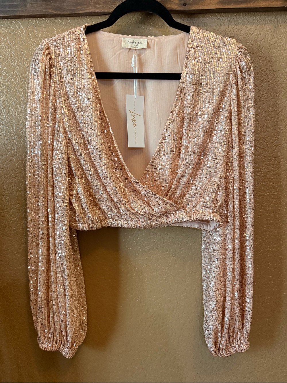 Audrey 3+1 Rose Gold Sequin Long Sleeve Hera Crop Top